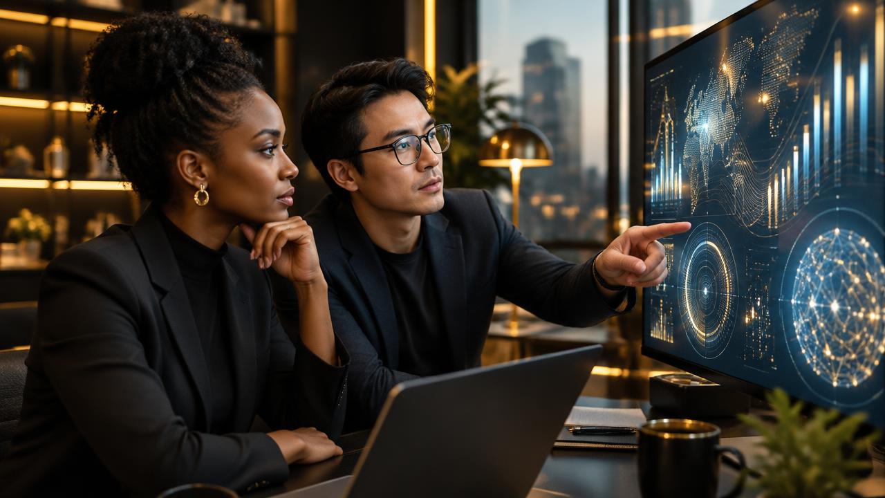 Marketing strategists studying futuristic digital analytics on a large monitor