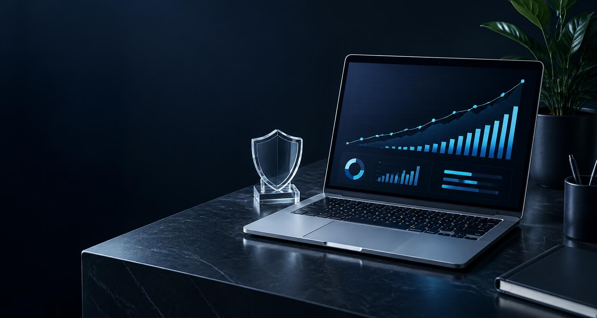 Marketing analytics on a laptop beside a glass shield